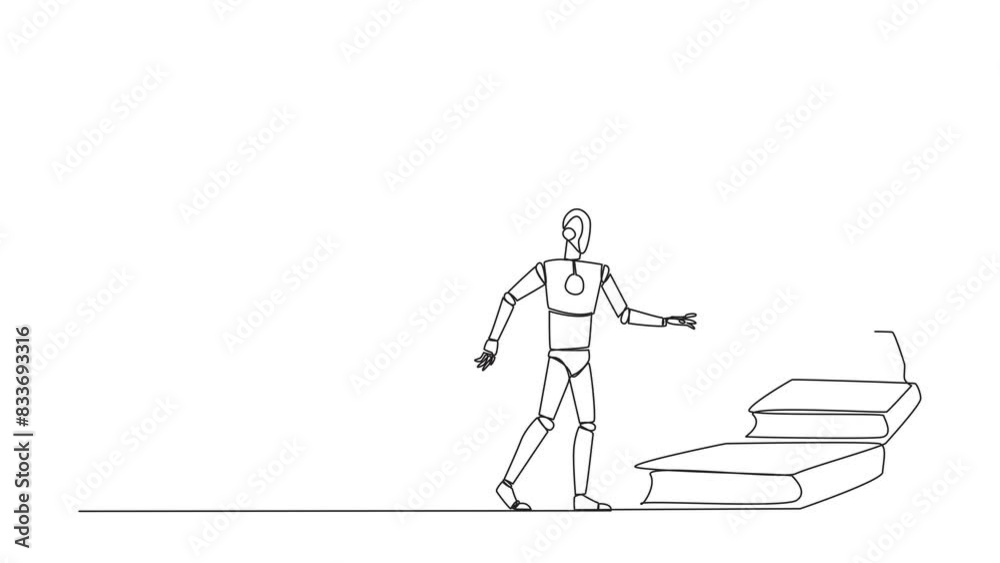 Poster self drawing animation of continuous line drawing robot climb stairs from the book stack. towards th