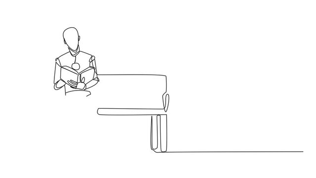 Self drawing animation of one line drawing smart robot sitting reading on chair in the university park. Prepare for the final exam with serious reading. Book festival concept. Full length animated