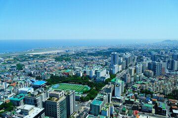 Jeju city in South Korea. Aerial cityscape skyline 