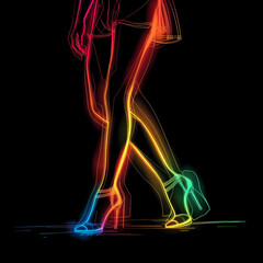 Obraz premium Color simple vector graphic of neon woman's legs in shoes, isolated on black background.
