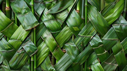 Fototapeta premium Close-up of intricate green leaf weaving pattern creating natural and traditional texture, showing detailed craftsmanship and cultural artistry.