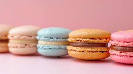 Fototapeta premium Colorful assorted macarons in a row against a pink background, showcasing different flavors and vibrant colors. Perfect for dessert and baking photos.