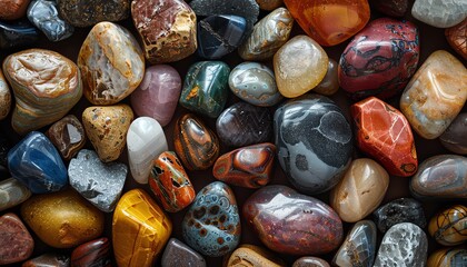 Colorful polished gemstones of various sizes and shapes, displayed closely together, showing natural beauty and unique patterns. Perfect for decoration.