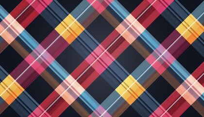 Colorful plaid pattern with overlapping stripes in various shades of red, blue, yellow, and black - vibrant and dynamic textile design.