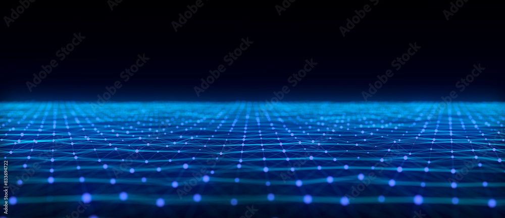 Poster abstract futuristic wave with moving dots. flow of colored particles and lines. cyber technology ill