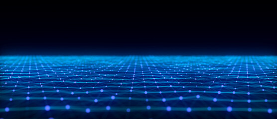 Abstract futuristic wave with moving dots. Flow of colored particles and lines. Cyber technology illustration. Big data visualization. 3d rendering