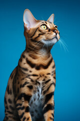 Naklejka premium Bengal cat on blue background, candid shot