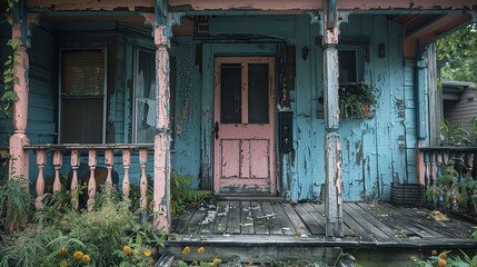 Old, weathered blue house with a pink door, showing signs of decay and wear. Surrounded by overgrown plants and a neglected front porch.