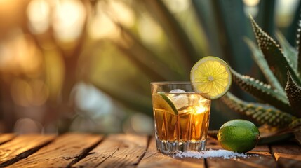 Mexican tequila shot with lime slice and ice cubes
