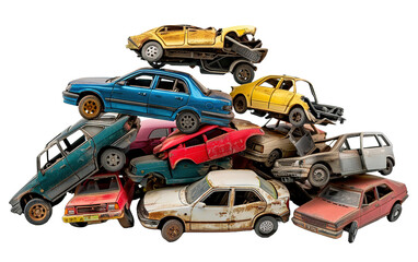 Fototapeta premium Pile of recycled waste cars on transparent background, png