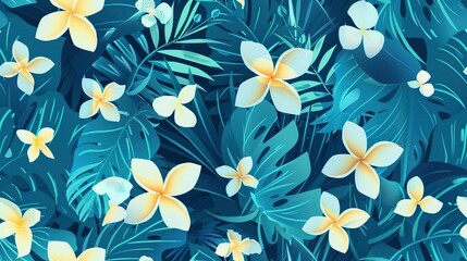 Tropical paradise flowers flat design top view paradise theme water color Monochromatic Color Scheme . Seamless Pattern, Fabric Pattern.