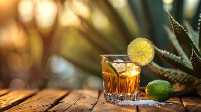 Mexican tequila shot with lime slice and ice cubes