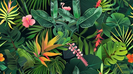 Tropical garden flat design top view garden theme animation vivid. Seamless Pattern, Fabric Pattern.