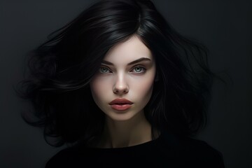 Fototapeta premium Portrait of a mysterious woman with dark, voluminous hair and captivating green eyes