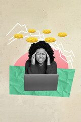 Vertical photo collage of upset stressed american girl sit macbook device crypto currency miner bankrupt isolated on painted background