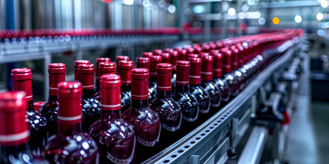 Modern wine bottling factory featuring a conveyor belt lined with red wine bottles, A long row of red wine bottles with vibrant caps displayed in a winery with a beautifully blurred background
