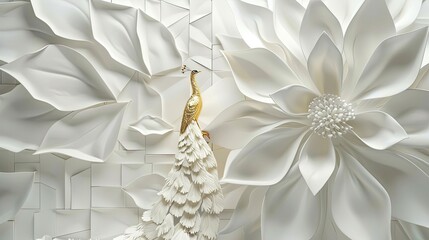 a magnolia flower, gazing upward, with its tail embellished with gold foil to create a stunning 3D texture effect against a backdrop of white texture.