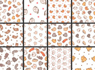 Cute kawaii little cat. Seamless pattern. Cartoon funny kitty, animals character. Hand drawn style. Vector drawing. Collection of design ornaments.