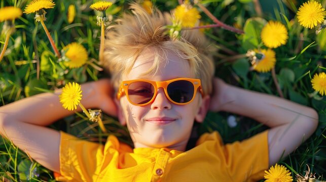 Smiling blonde boy in sunglasses and yellow shirt lying in a field of dandelions enjoying a joyful childhood
