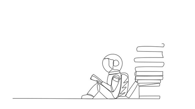 Self drawing animation of continuous line drawing astronaut sitting reading next to a pile of books shaped like rocket. Read the complete guide before expedition. Book festival. Full length animated