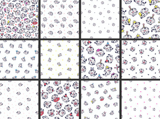 Cute kawaii baby cow. Seamless pattern. Cartoon farm animal character in different poses. Hand drawn style. Vector drawing. Collection of design ornaments.