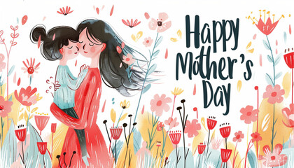 Fototapeta premium Happy mother's day banner. Mother holding a cuddling in her hands.