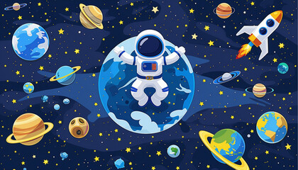 Naklejka premium Astronaut in a space suit is flying in space next to planets and stars. Vector illustration