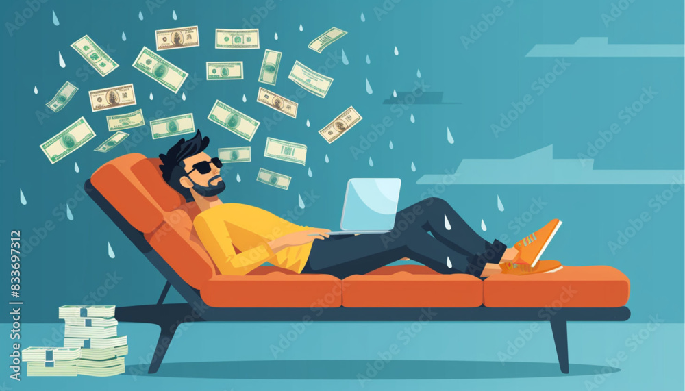 Wall mural work from home concept, a young happy man making money on internet. vector