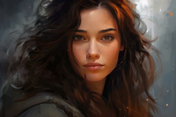 Digital painting of a young woman with captivating eyes and luscious wavy hair