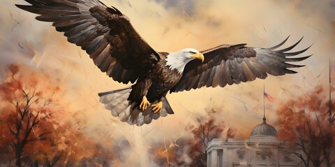 A tribute banner with a bald eagle soaring over a veterans memorial. Concept Patriotism, Veterans, Bald Eagle, Memorial, Tribute