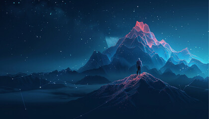 Digital mountain with a flag and a professional climbing businessman on the top. Abstract goals achievement and ambitions concept. Technology dark blue background with peaks and constellations.