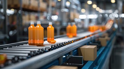 packaging with bottles on conveyor belt in factory industry
