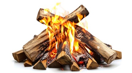 burning wood bonfire on white background