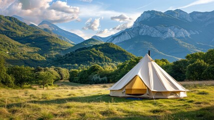 A white canvas tent stood on a large green lawn. Behind the tent, there is a backdrop of lush green mountains standing tall against the clear blue sky. The scene is quiet and beautiful.