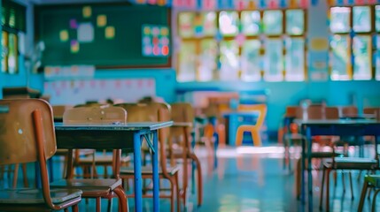 School classroom in blur background without young student. Blurry view of elementary class room no kid or teacher with chairs and tables in campus. Back to 