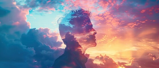 man and sky fusion, pastel skies, soft light, imaginative scene, close up, focus on, copy space, Double exposure silhouette with horizons