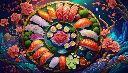 Fototapeta premium An artfully arranged sushi platter featuring an array of nigiri, sashimi, and maki rolls