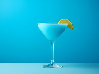 A Glass blue margarita juice, Refreshing and healthy blue margarita juice with ice in a glass with a summer background