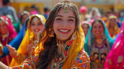 Obraz premium Festive Celebration with Pakistani Women at Denmark Event MELA - Colorful Shalwar Kameez and Joyful Dancing