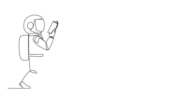 Animated self drawing of single line drawing astronaut walking reading the book. Gesture of memorizing something from a book. Read anywhere. Addicted to reading. Full length single line animation