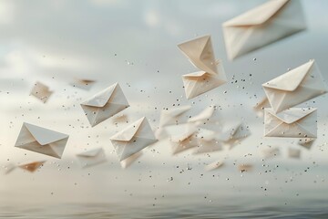 3D render of a letter floating as if carried by the wind, executed in a minimalist style with a gentle background, suitable for depicting innovative communication methods