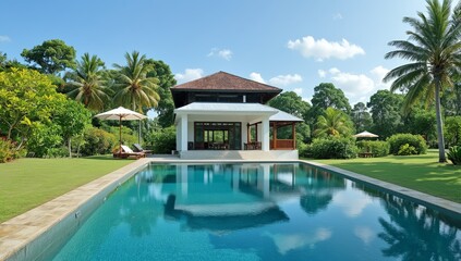 house with a swimming pool with sun loungers among palm trees with a tiled roof and white walls