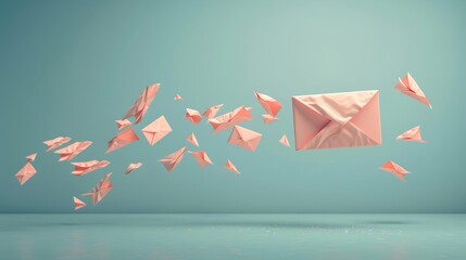 Letter gracefully flying, executed in a flat minimal style with a calm, soothing background, ideal for creative literary or artistic promotions