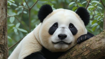 panda resting on a tree and looking at the camera
