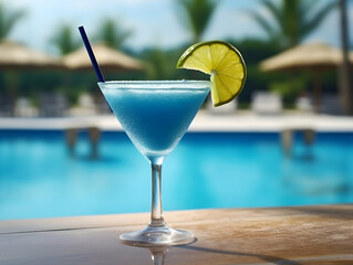 A Glass blue margarita juice, Refreshing and healthy blue margarita juice with ice in a glass with a summer background