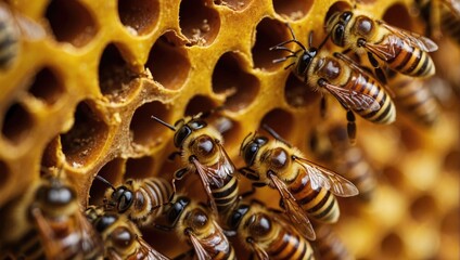 Close-up of bees on honeycomb, showcasing intricate details of the hive structure and the bees' activity within their natural environment.
