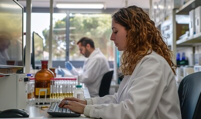 Obraz premium Woman working with computer in the office of a science laboratory