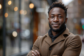 Naklejka premium Confident young African American executive corporate manager leader outdoors, smiling professional businessman with short hair in brown coat standing with arms crossed