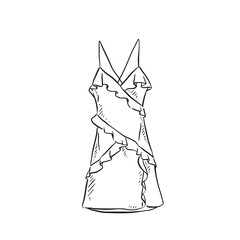 A line drawn mini dress with frills. Hand drawn in black and white in a sketchy style.