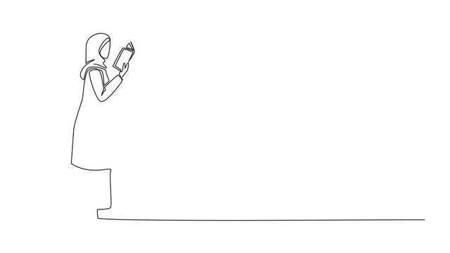 Animation of continuous line drawing Arab woman walking reading book. Gesture of memorizing something from a book. Read anywhere. Addicted to reading. Book festival. Full length motion
